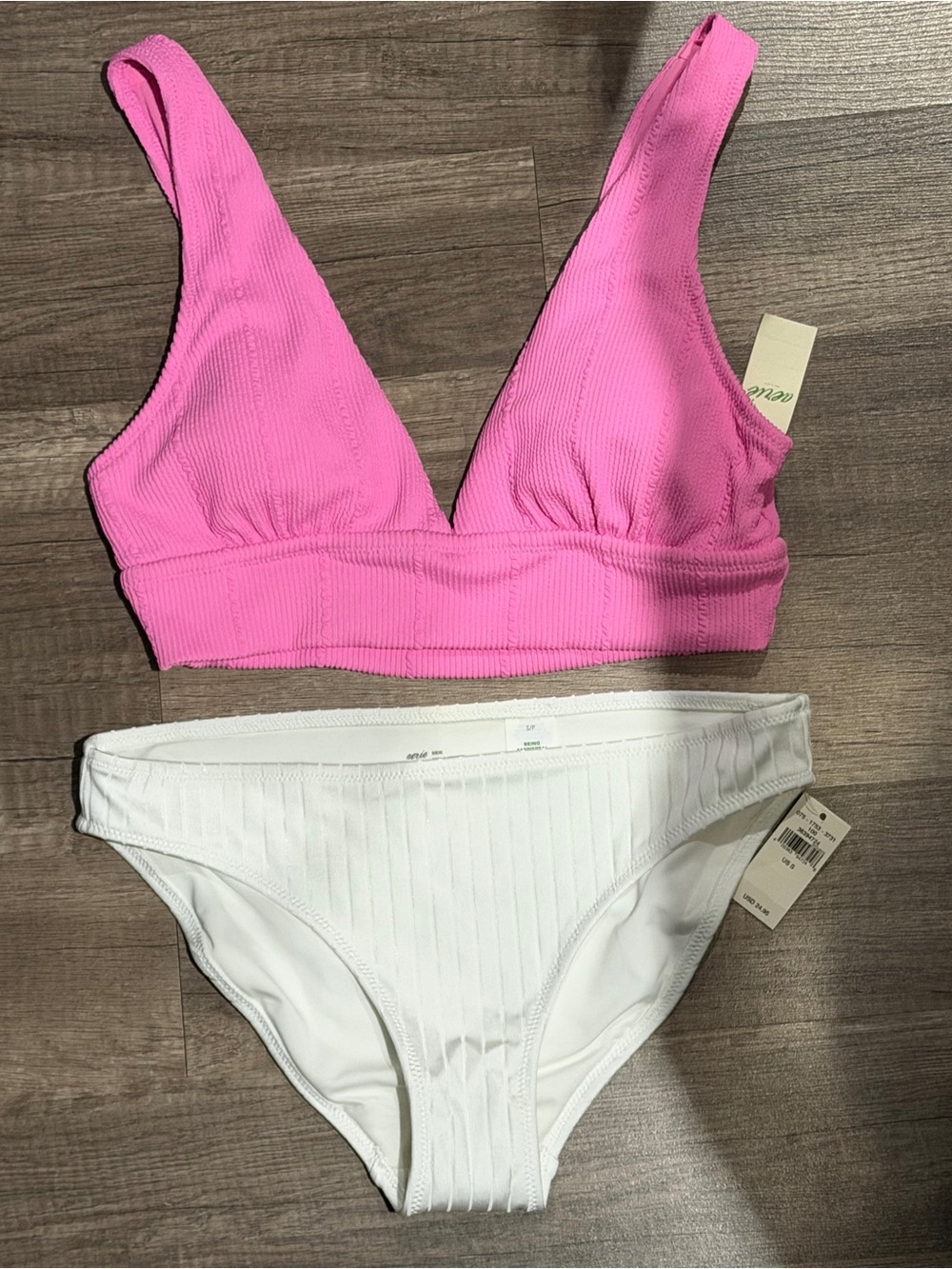 SMALL Aerie Women’s 2 Piece Bikini Swimsuit In Pink & White BNWTS